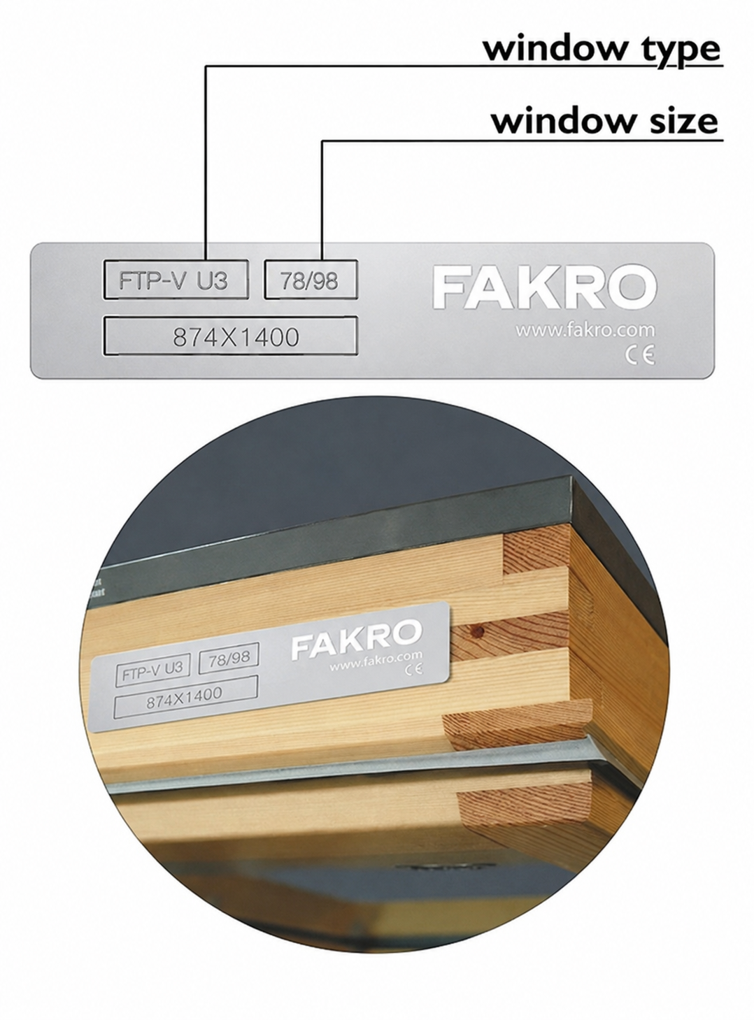Fakro roof window ID plate with the window type and size highlighted
