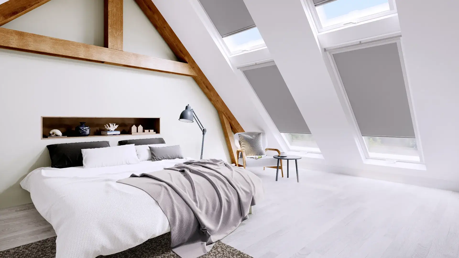 Attic bedroom with roof window blinds