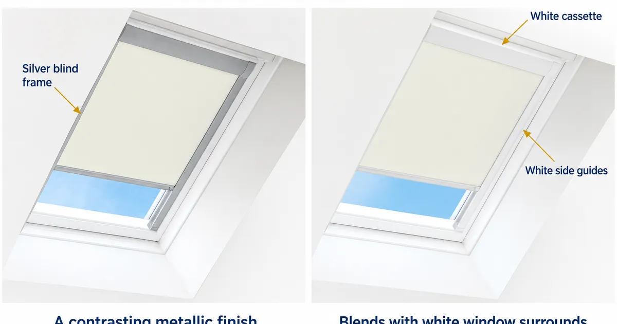 Side-by-side comparison of a roof window blind in a brushed aluminium frame and one in a white painted aluminium frame
